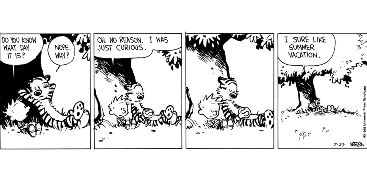 Calvin perguntando a Hobbes que dia é hoje durante as férias de verão