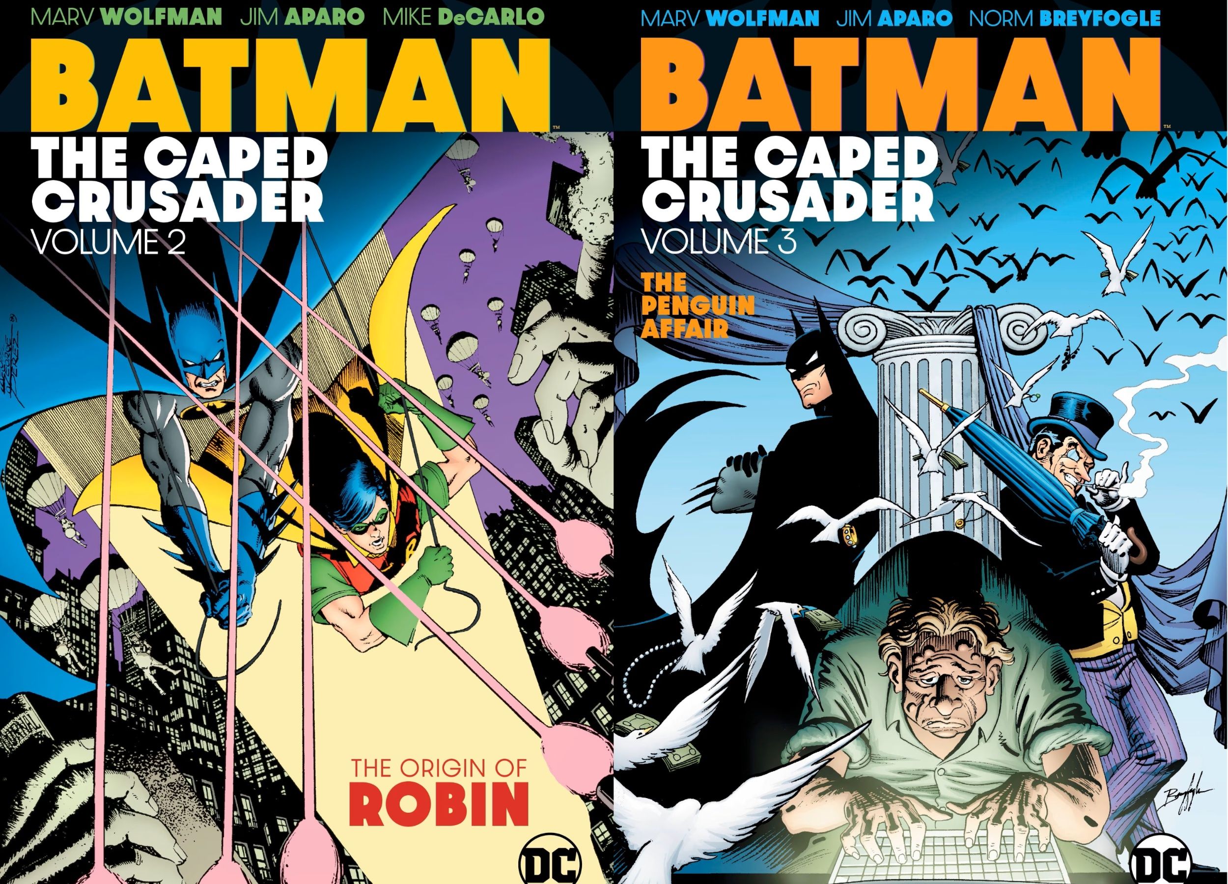Split image of Batman in cover art for The Caped Crusader Vol. 2 and 3.