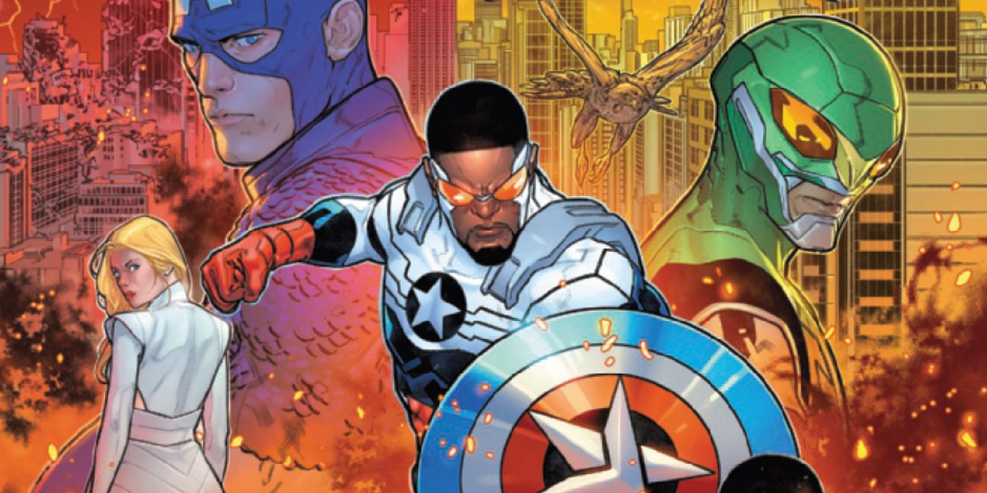 sam wilson in his captain america suit in front of the falcon, steve rogers, and sharon carter