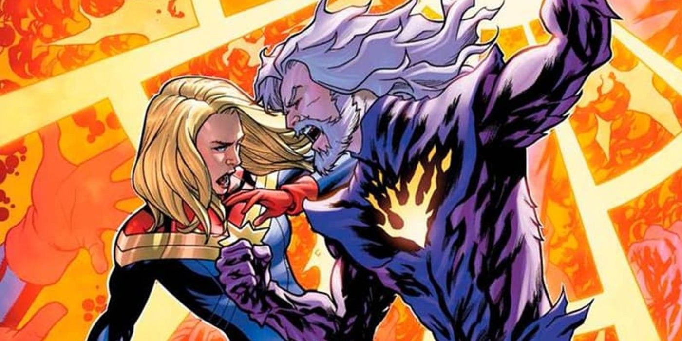 Captain Marvel battling Nitro on the cover of Captain Marvel: Dark Tempest #1.