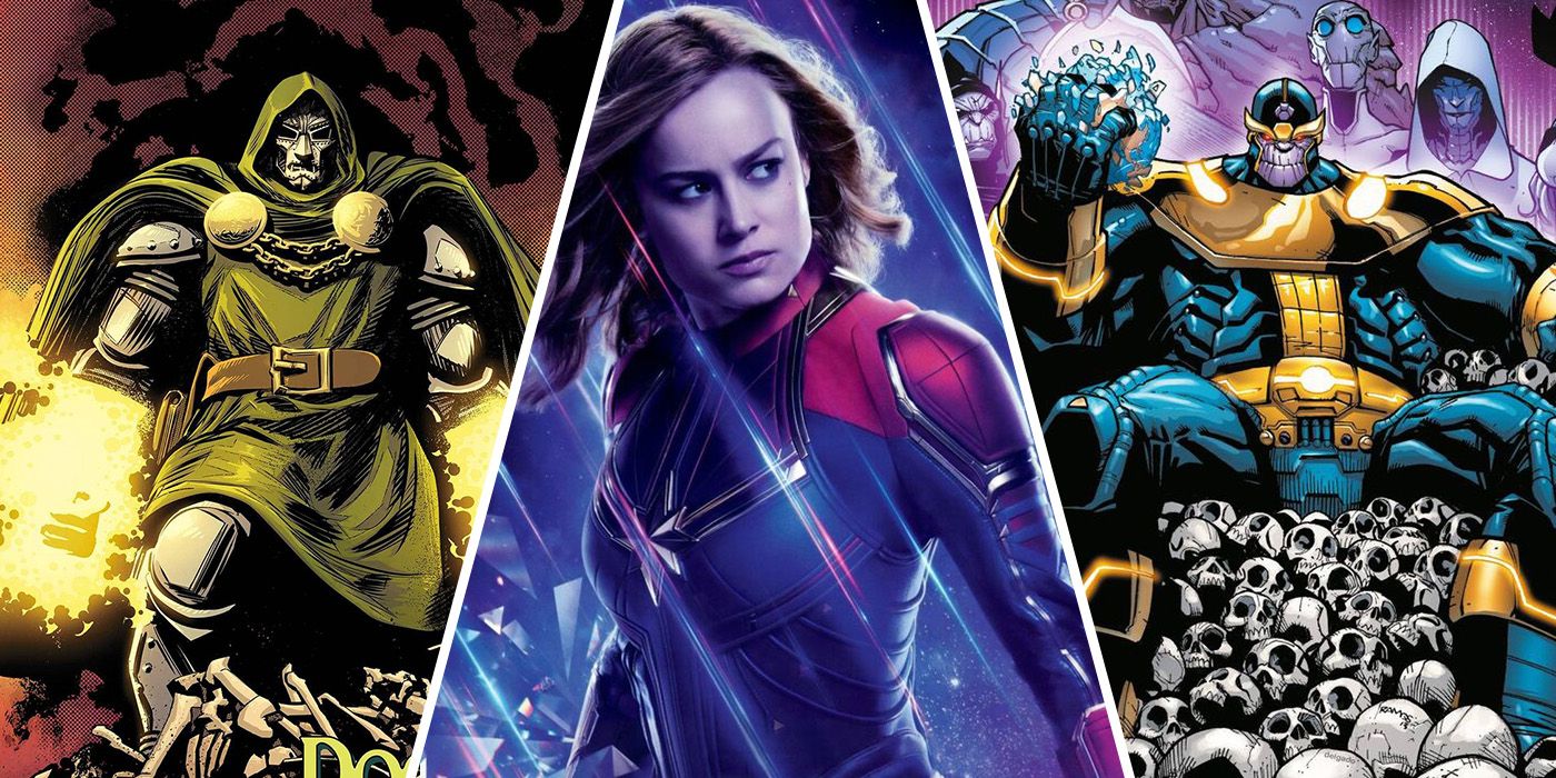 split image: MCU Captain Marvel, Doctor Doom and Thanos from Marvel Comics
