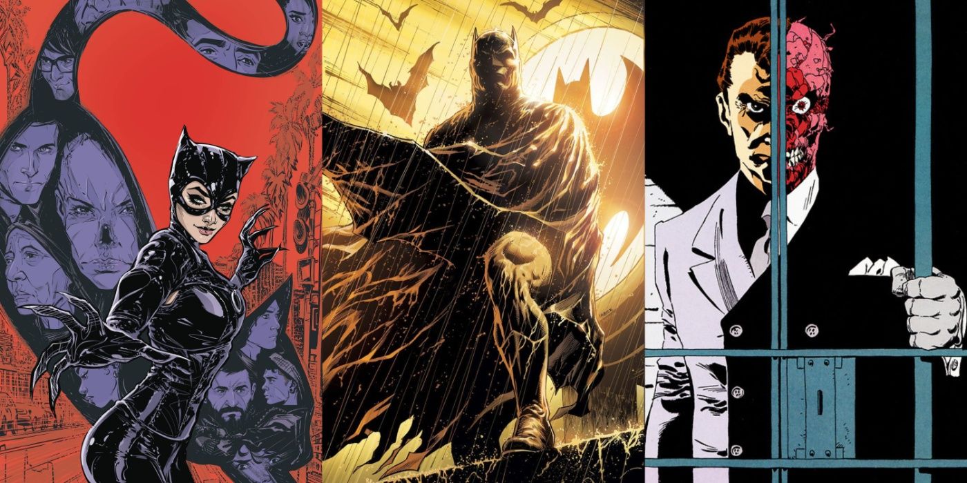 Split image of Catwoman, Batman, and Two-Face in DC Comics art.