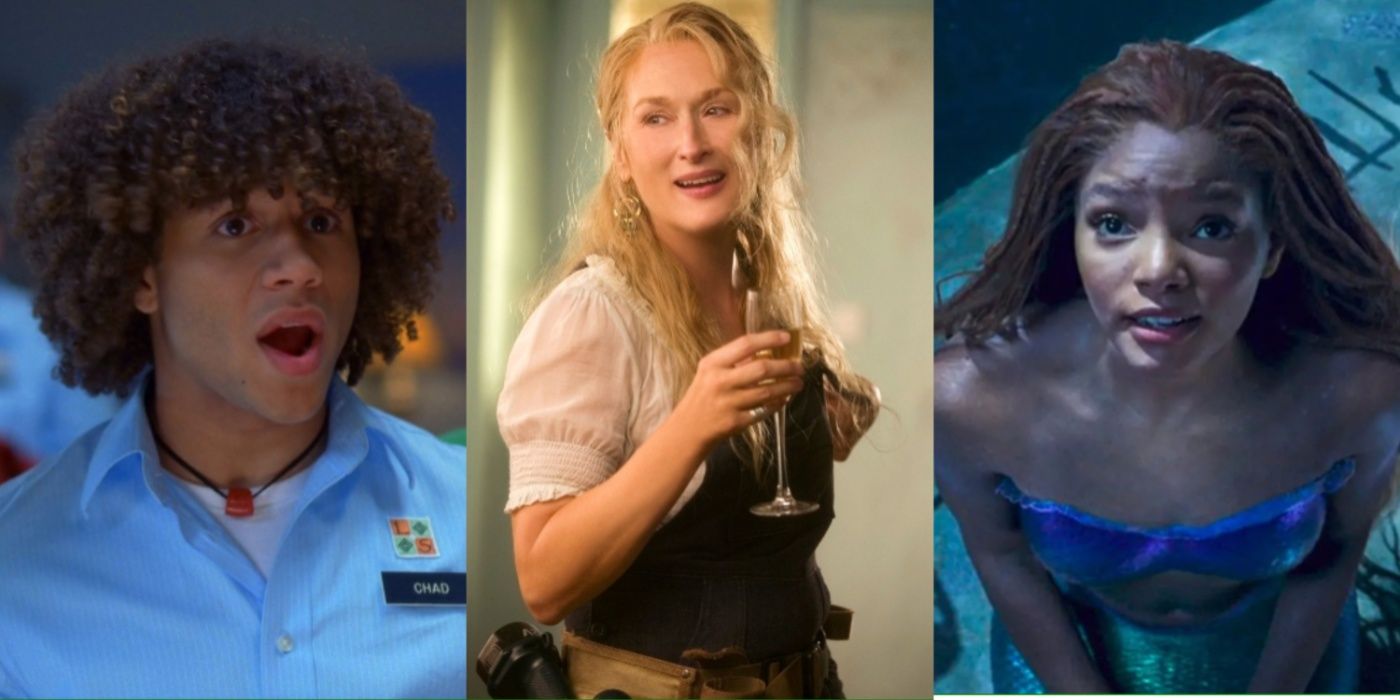 A split image of Chad in High School Musical, Donna in Mamma Mia!, and Ariel in 2023's The Little Mermaid.