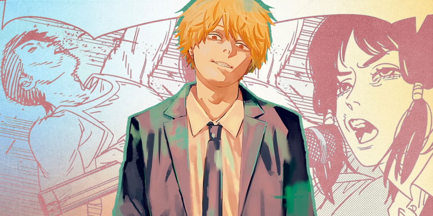 Chainsaw Man's manga version of Denji smirking on background of manga panels