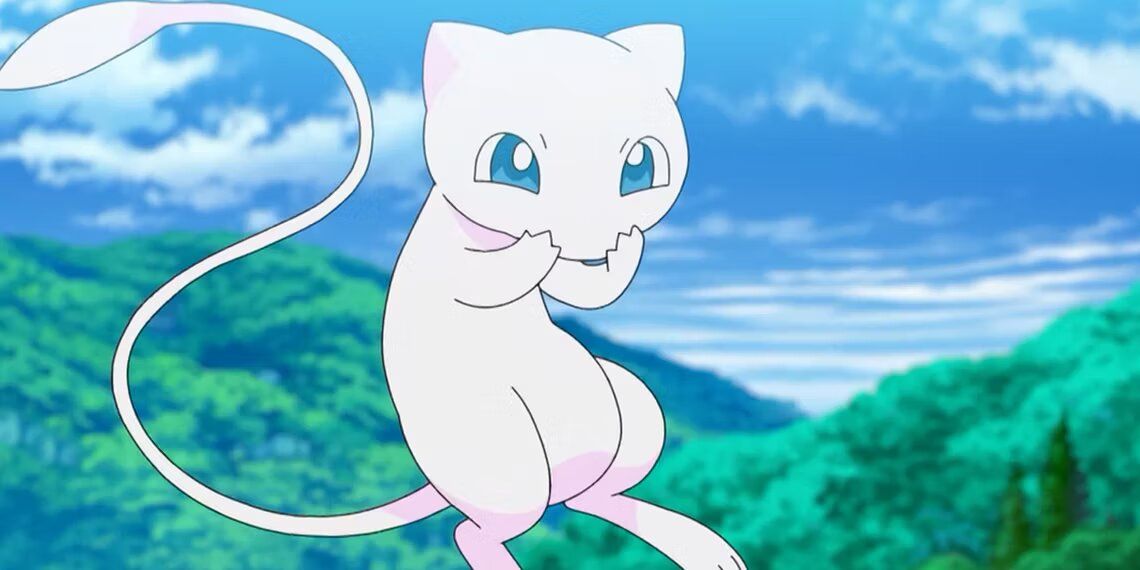 Mew voando no ar rindo no anime Pokemon