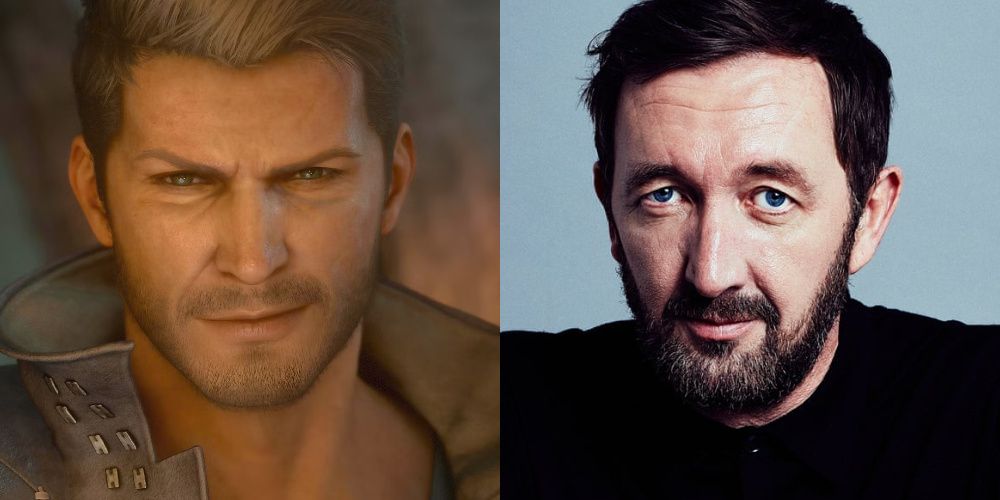 Uma imagem dividida de Cid Telamon de Final Fantasy XVI e seu dublador Ralph Ineson