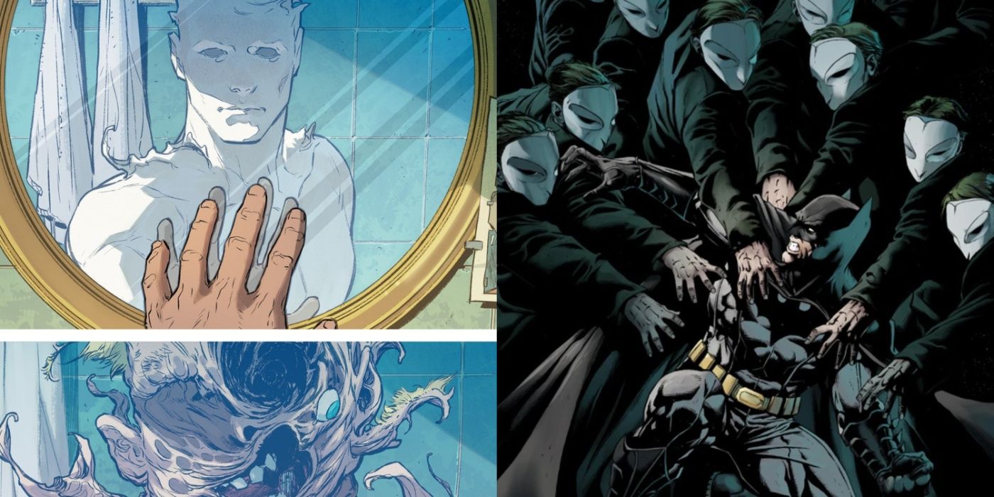 Imagem dividida de Cara de Barro em Um Dia Ruim e a Corte das Corujas atacando o Batman na DC Comics.