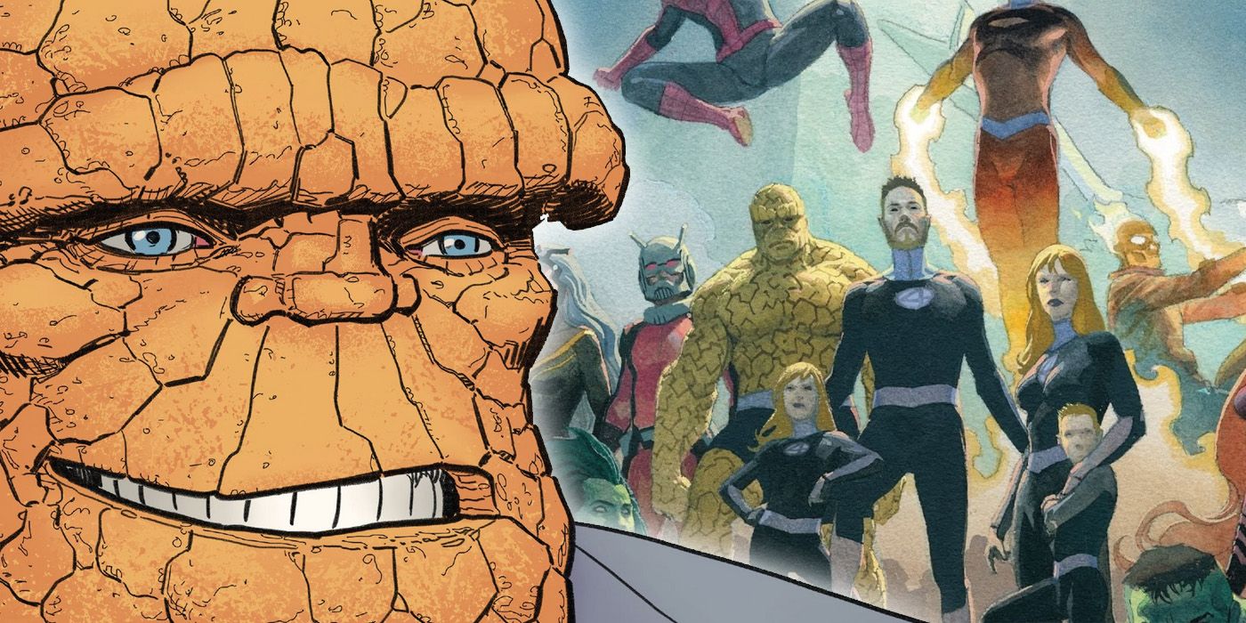 The Thing in front of the Fantastic Four and their allies. 
