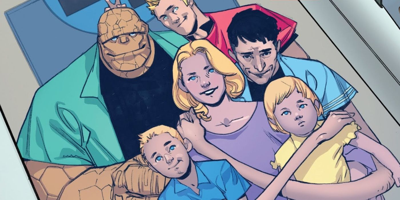 The Fantastic Four and kids pose for a family photo.