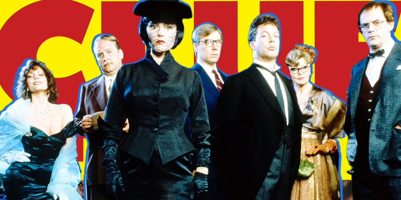 The cast of Clue standing in front of the logo.