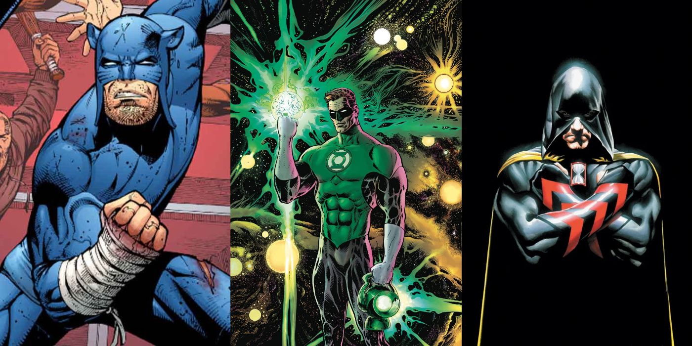 A split image of Wildcat, Hal Jordan, and Hourman from DC Comics