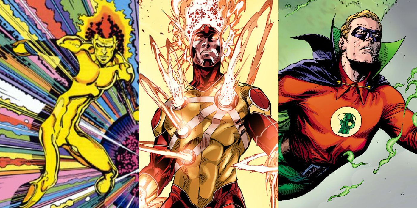 A split image of Waverider, Firestorm, and Alan Scott from DC Comics