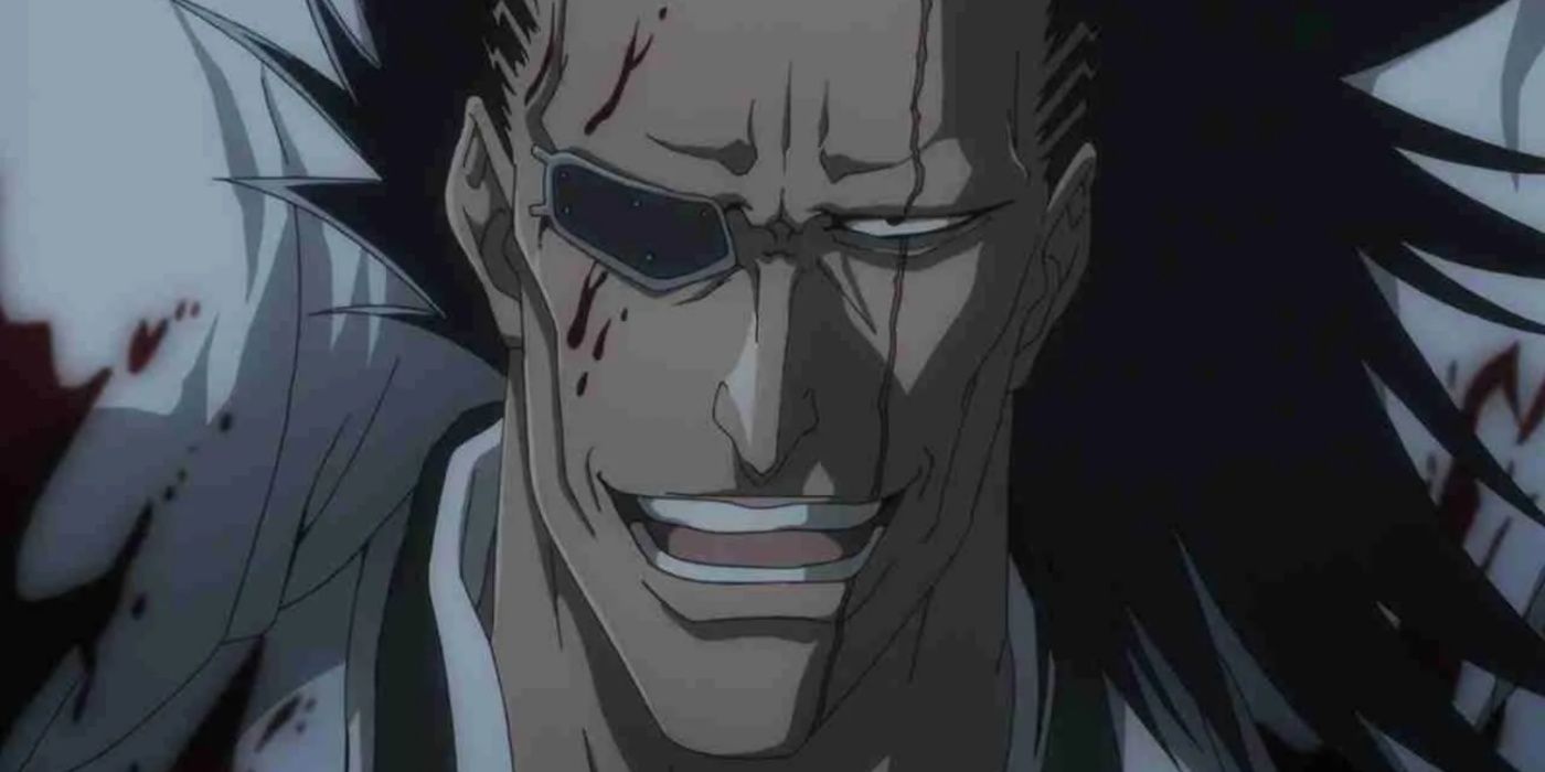 Kenpachi rindo com sangue na bochecha.