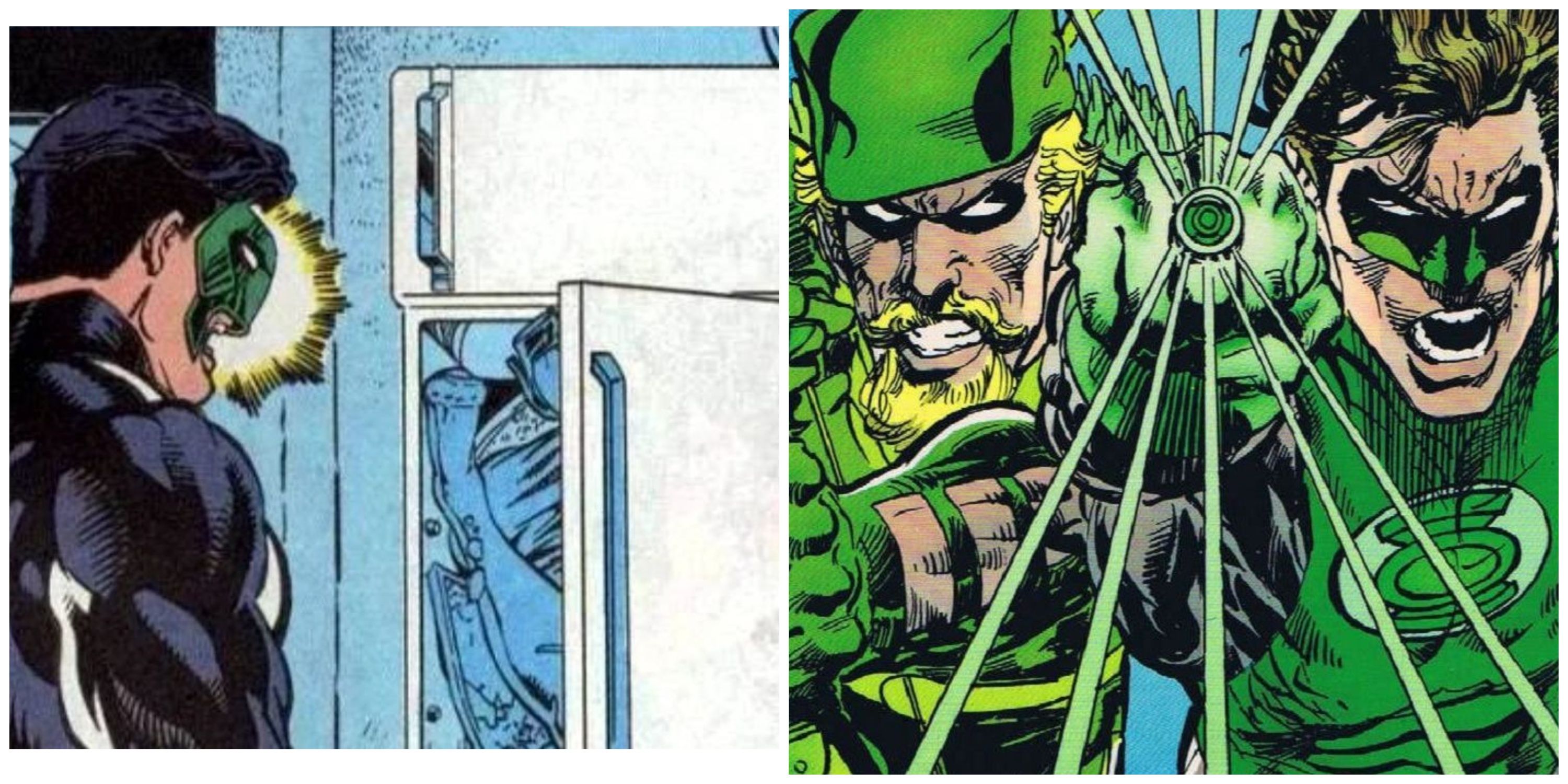 Kyle Rayner finds his dead girlfriend in his fridge (left) and Green Arrow and Hal Jordan in Hard Traveling Heroes (right)