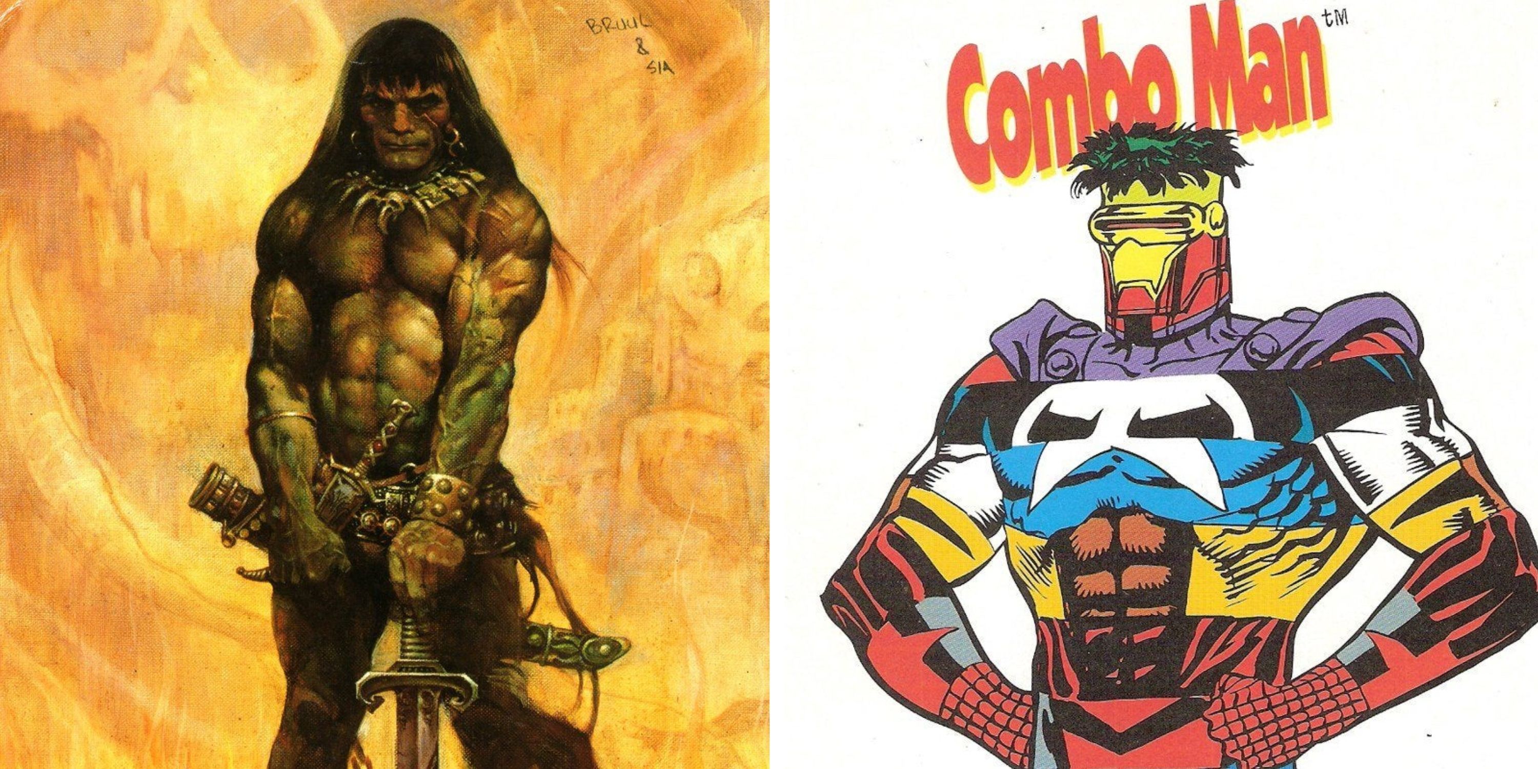 A split image of Conan the Barbarian (left) and Combo Man (right) in Marvel Comics