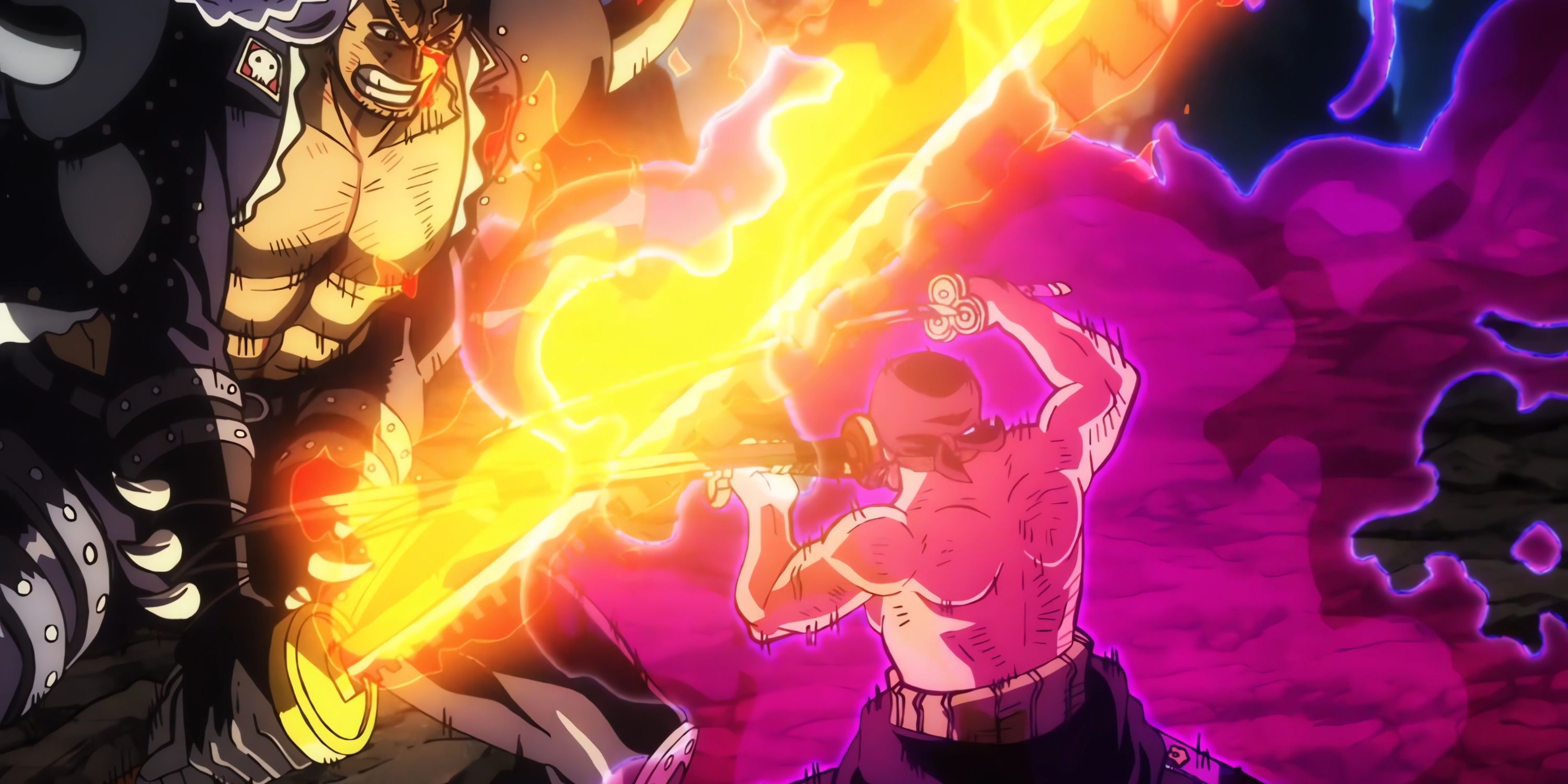 Roronoa Zoro squaring off with King the Conflagration in Episode 1062 of One Piece