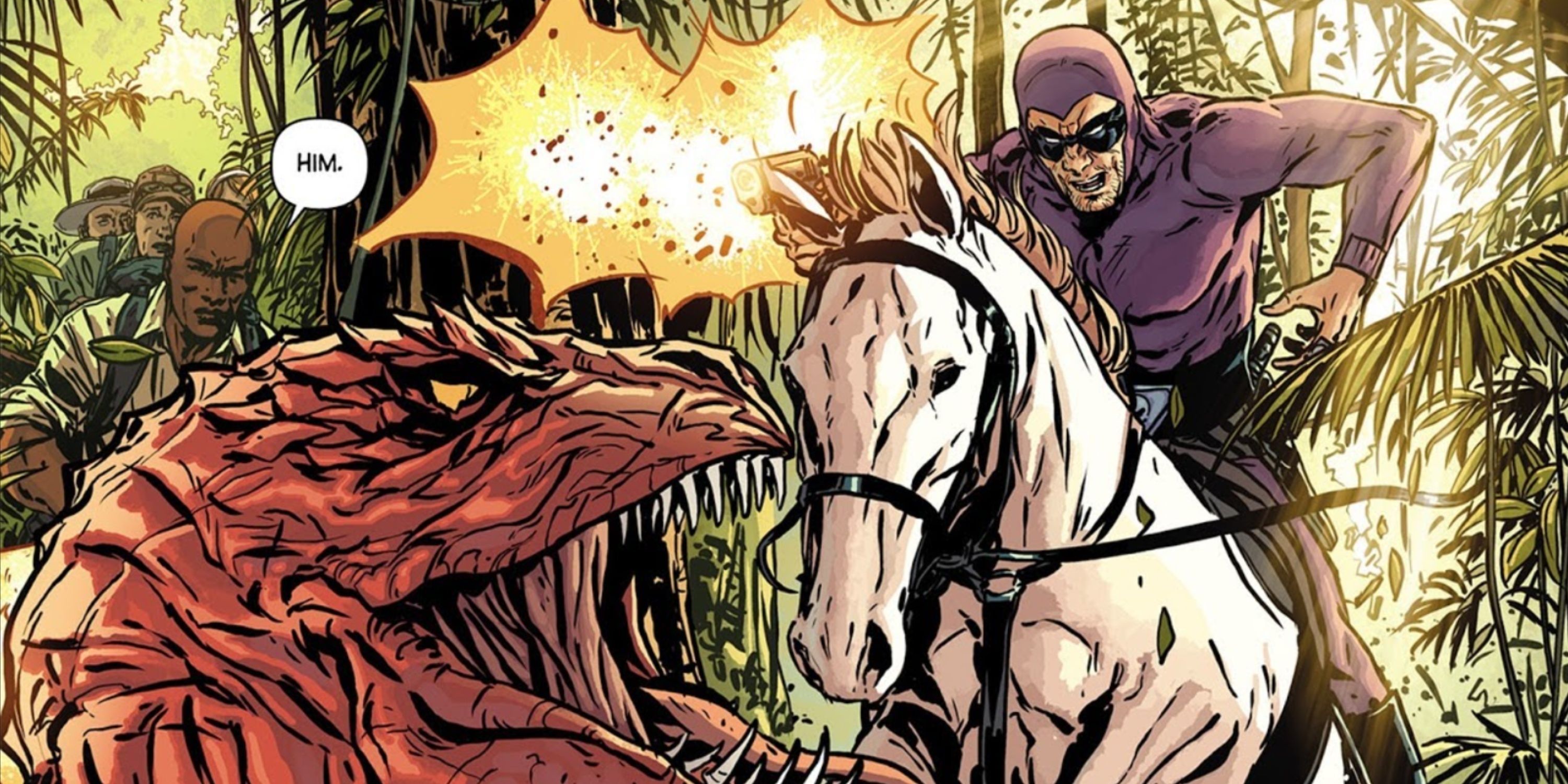 Phantom rides on horseback as he shoots at a dinosaur monster