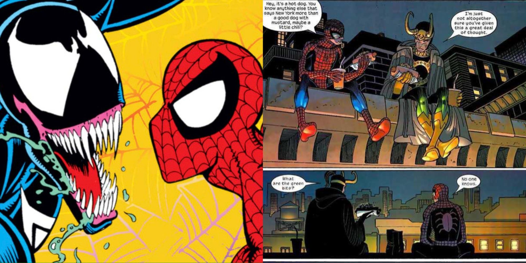 Spider-man and Venom face to face, Spider-Man and Loki eating hot dogs on a roof top