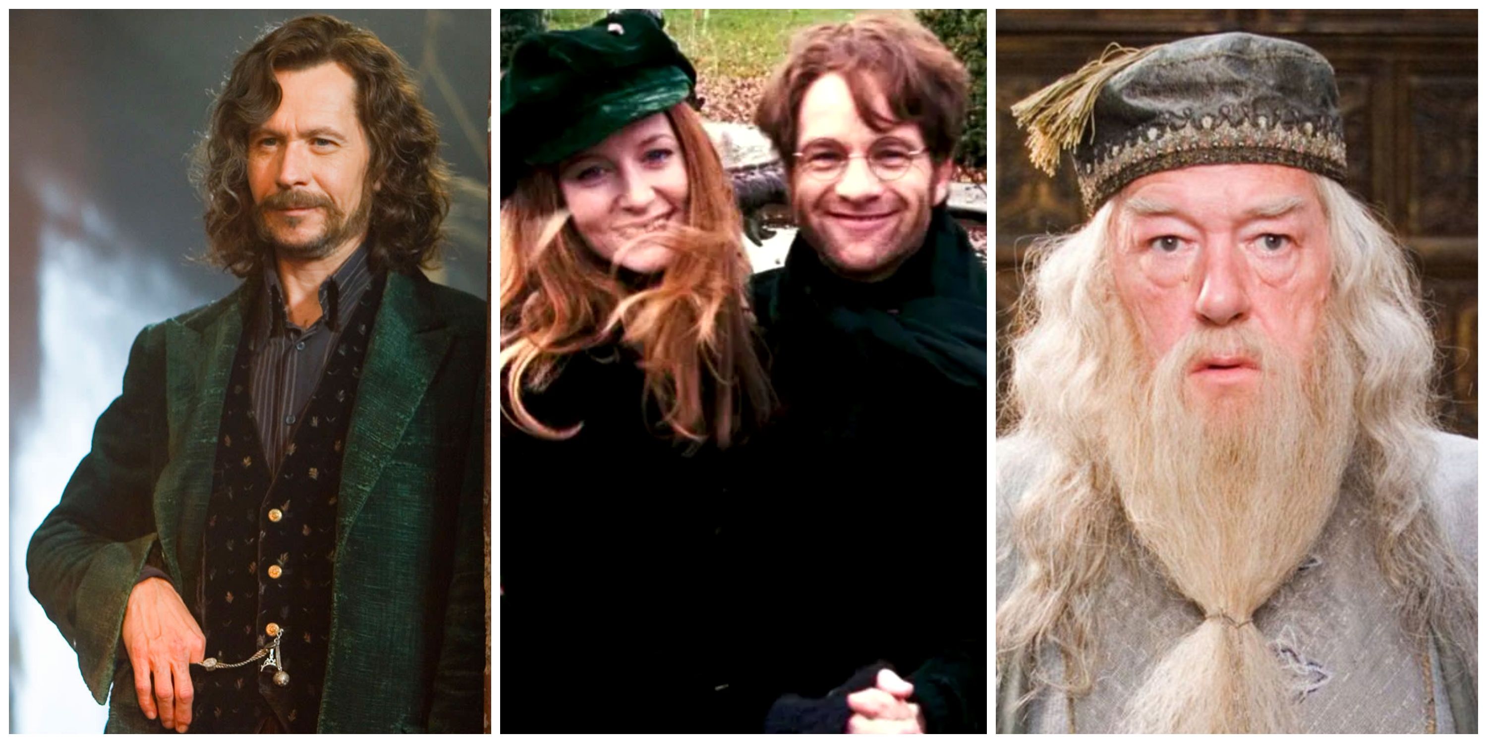 Split image of Sirius Black, James and Lily Potter, and Dumbledore from Harry Potter.