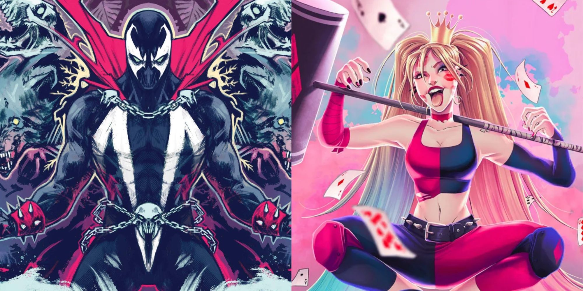 Split Image of AllAgainst All Spawn and Sweeney Boo's Harley Quinn Squatting with a crown and her tongue out