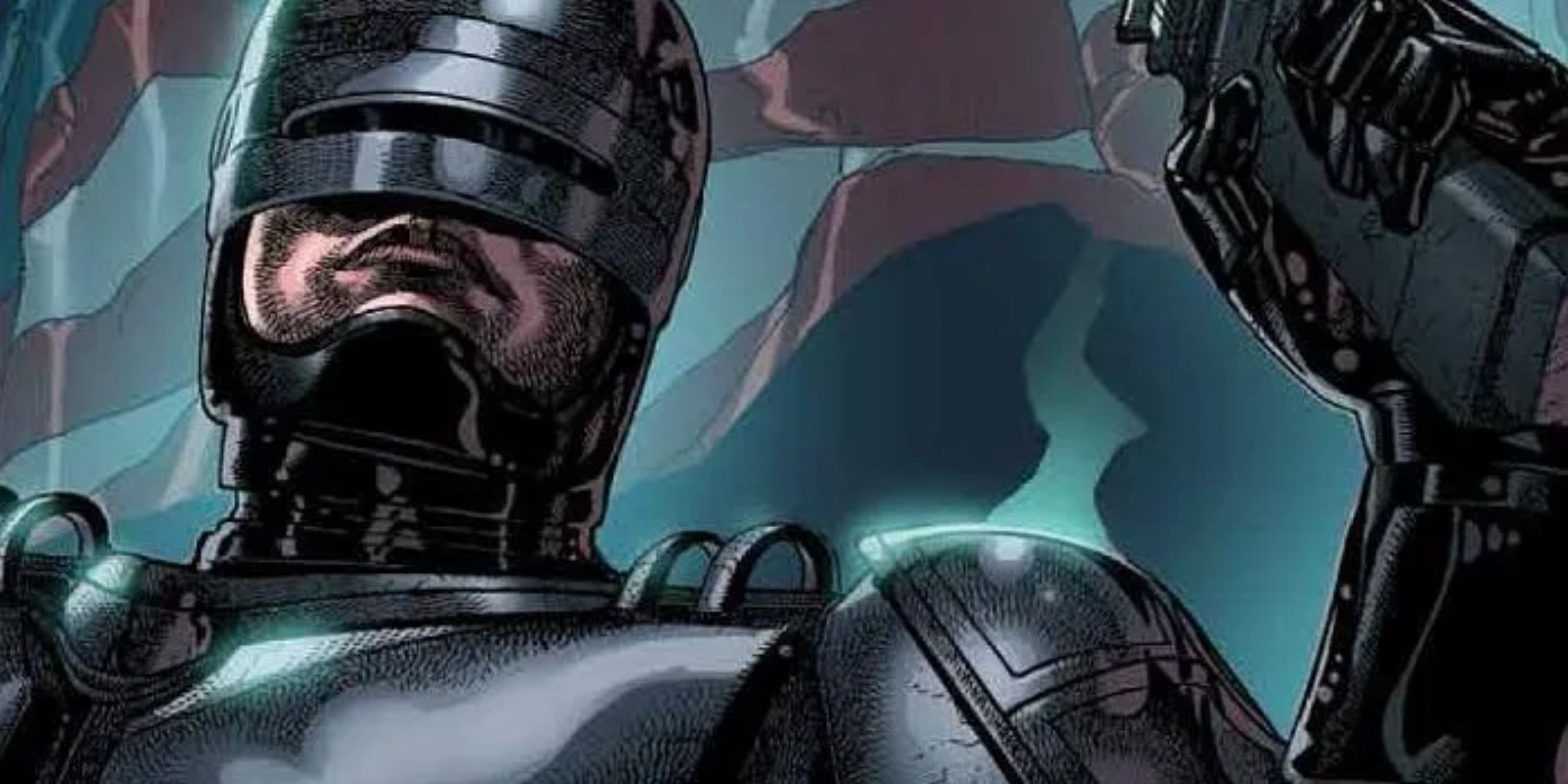 RoboCop stands in the night in front of an American flag holding his gun