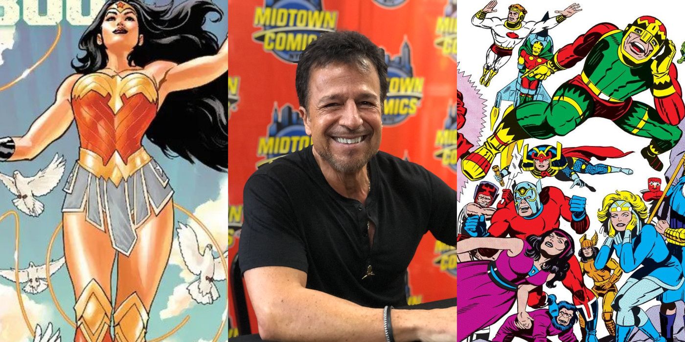 A split image of John Romita Jr. and Wonder Woman and the New Gods from DC Comics