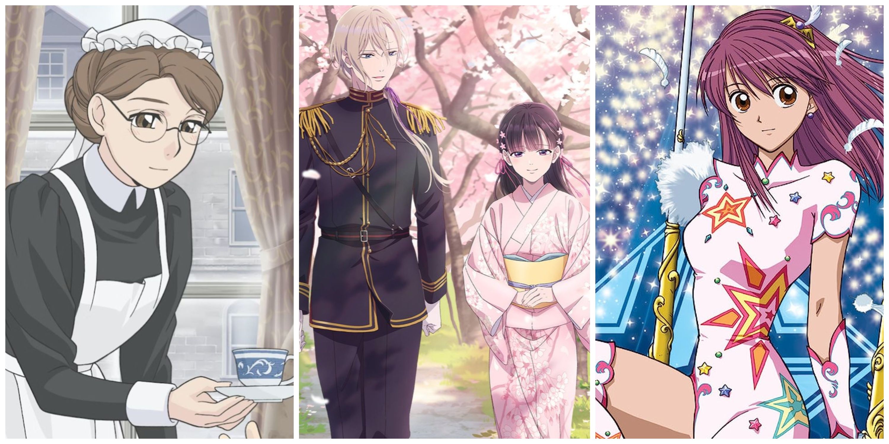 Split image: Emma from Emma: A Victorian Romance, Miyo and Kiyoka from My Happy Marriage, and  Sora from Kaleido Star