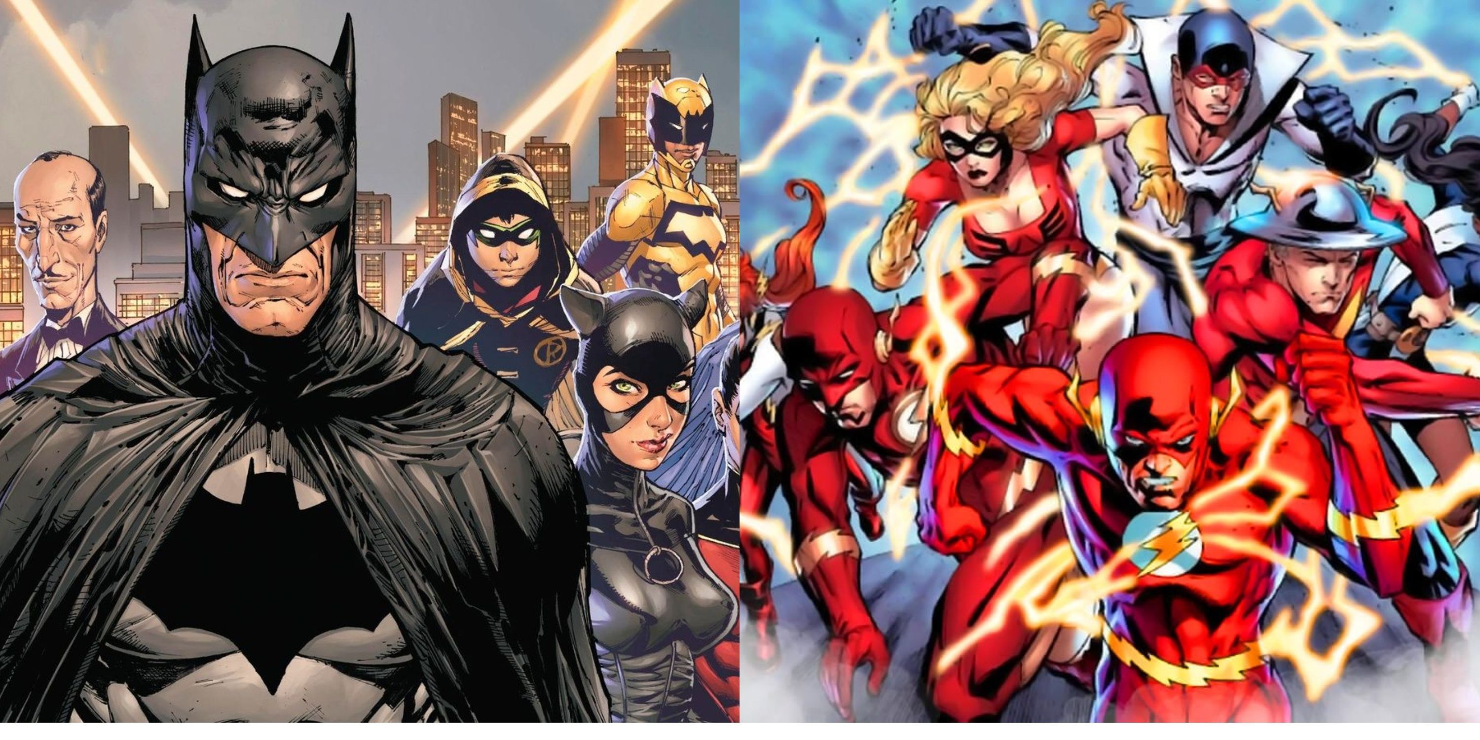 A split image of The Bat-Family and the Flash Family in DC Comics