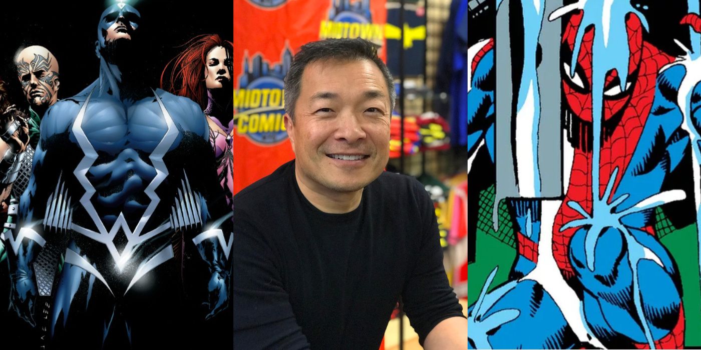 A split image of Jim Lee and the Inhumans and Spider-Man