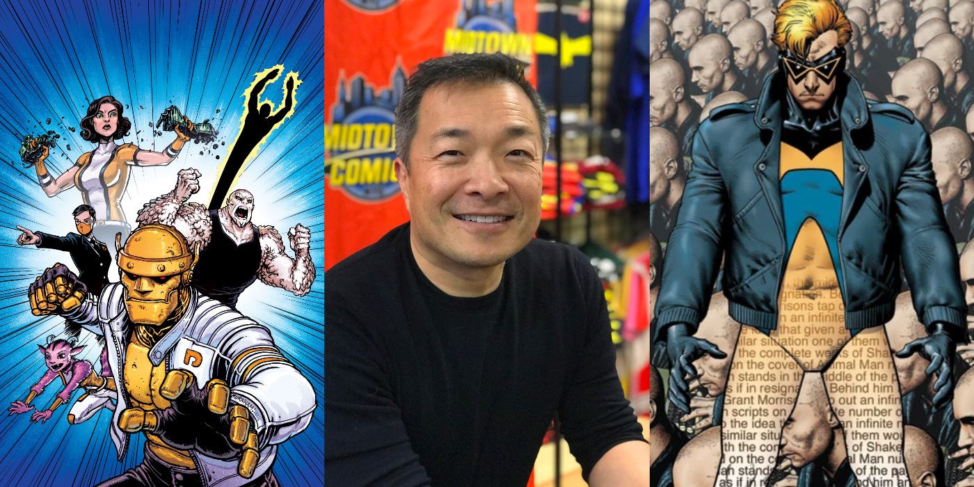 A split image of Jim Lee and Doom Patrol and Animal Man from DC Comics