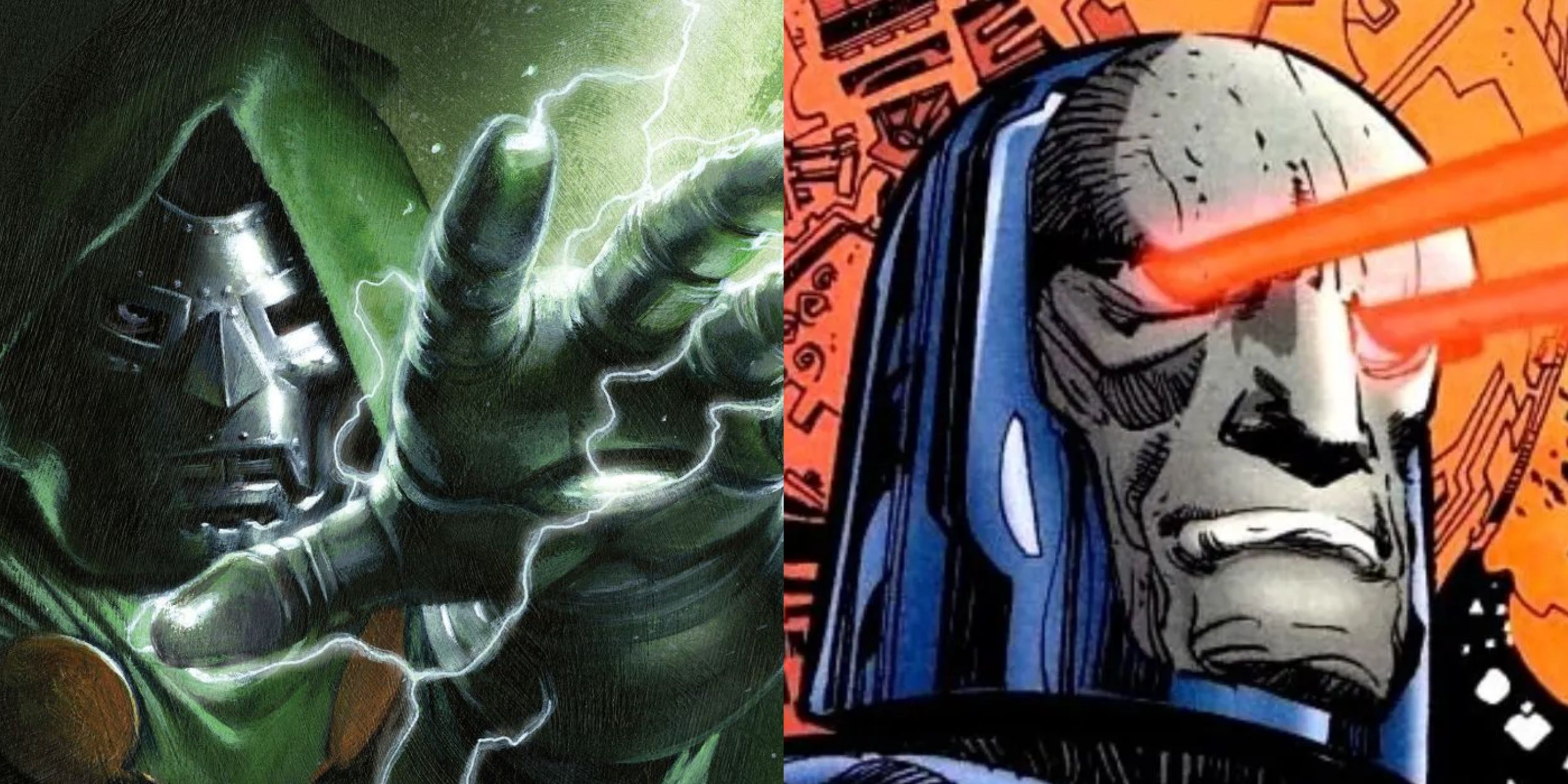 A split image of Doctor Doom in Marvel Comics and Darkseid's Omega Beams in DC Comics