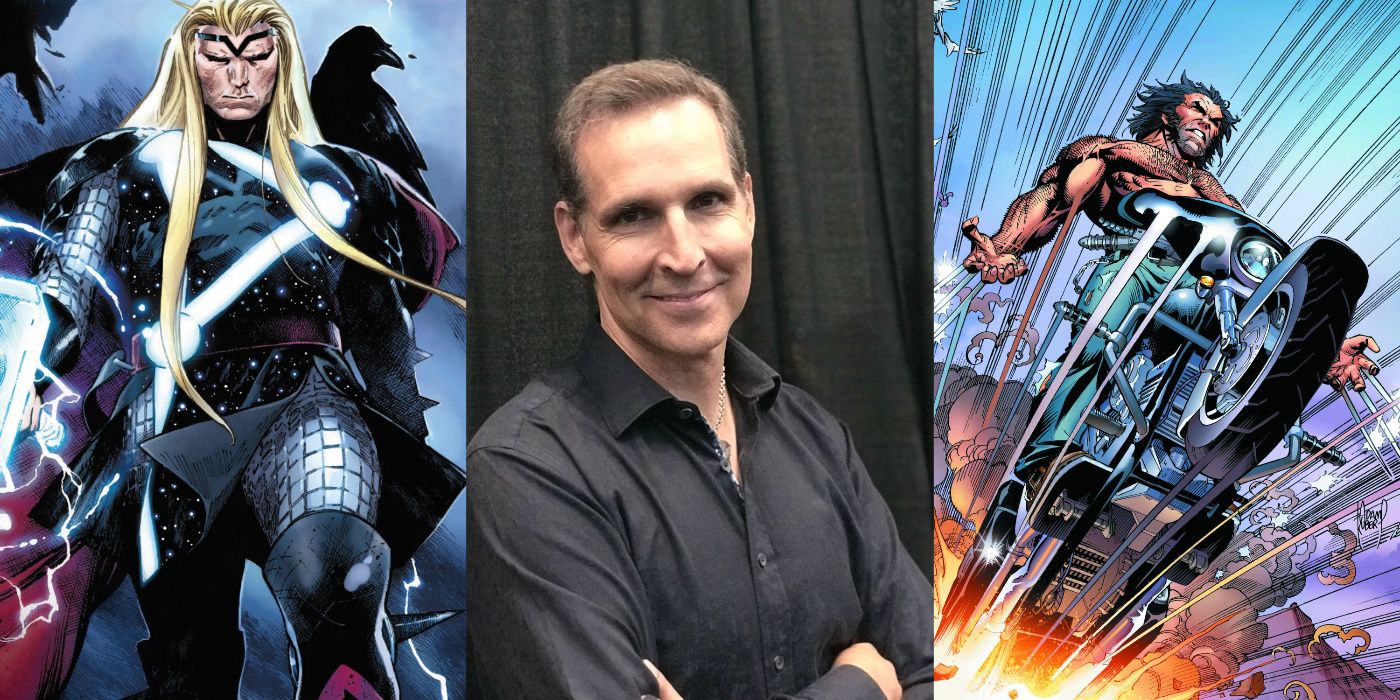 A split image of Todd McFarlane in between Thor and Wolverine from Marvel Comics