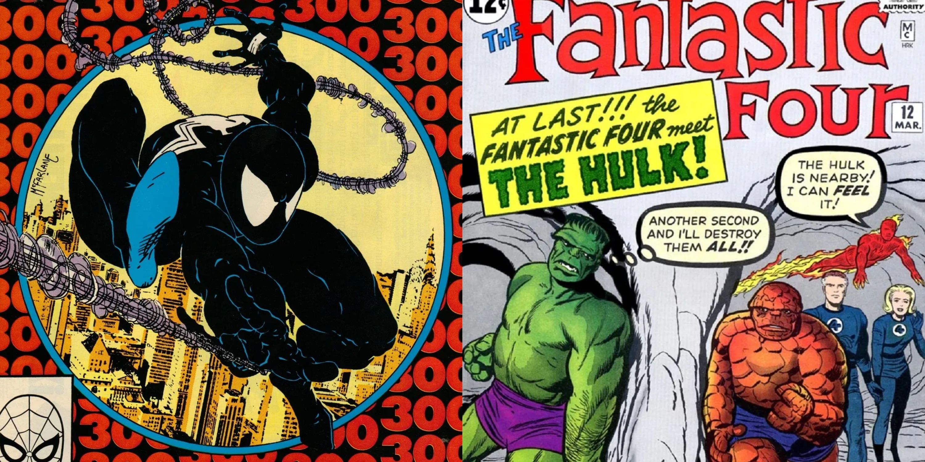 Split image Spider-Man 300 Fantastic Four Hulk vs Thing cover