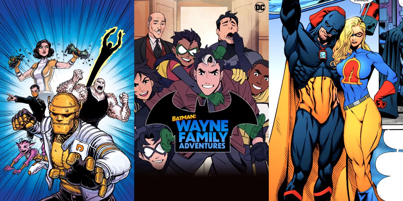 A split image of the Doom Patrol, Batman: Wayne Family Adventures, and Hourman and Liberty Belle from DC Comics