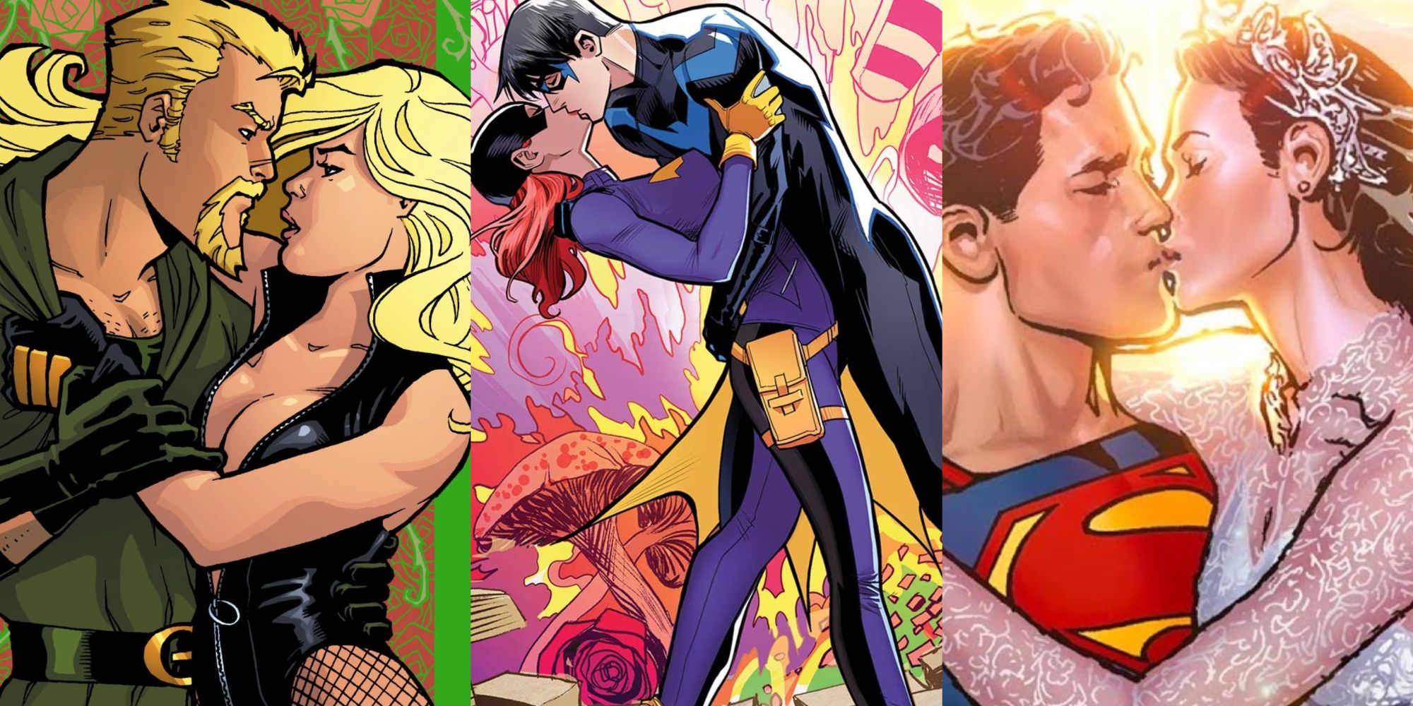 Split Image of Green Arrow and Black Canary embracing, Batgirl and Nightwing, and Lois Lane and Clark Kent kissing