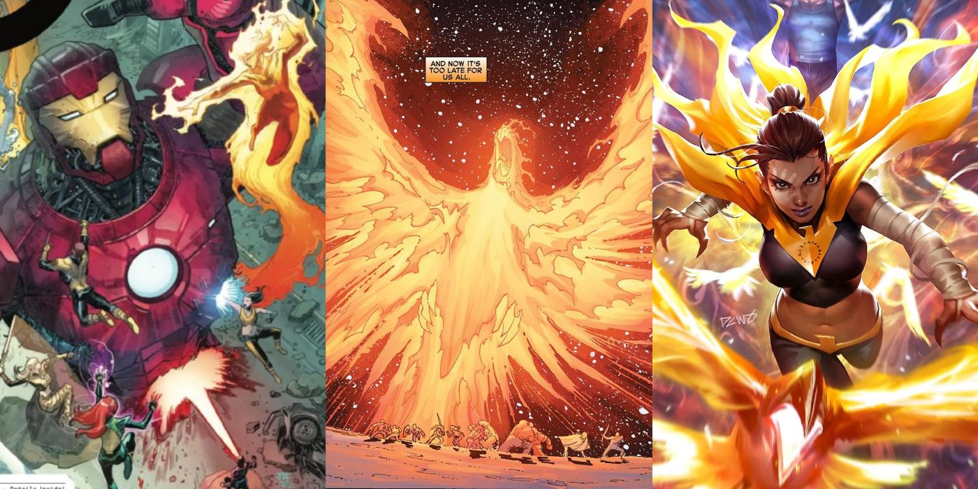 A split image of the X-Men battling a Stark Sentinel, the Phoenix Force, and Echo as Phoenix from Marvel Comics