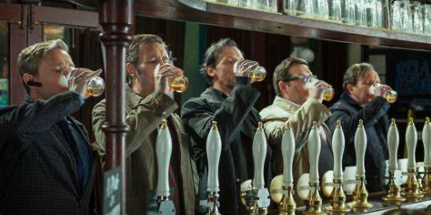 The main cast of The World's End chug beers in a pub