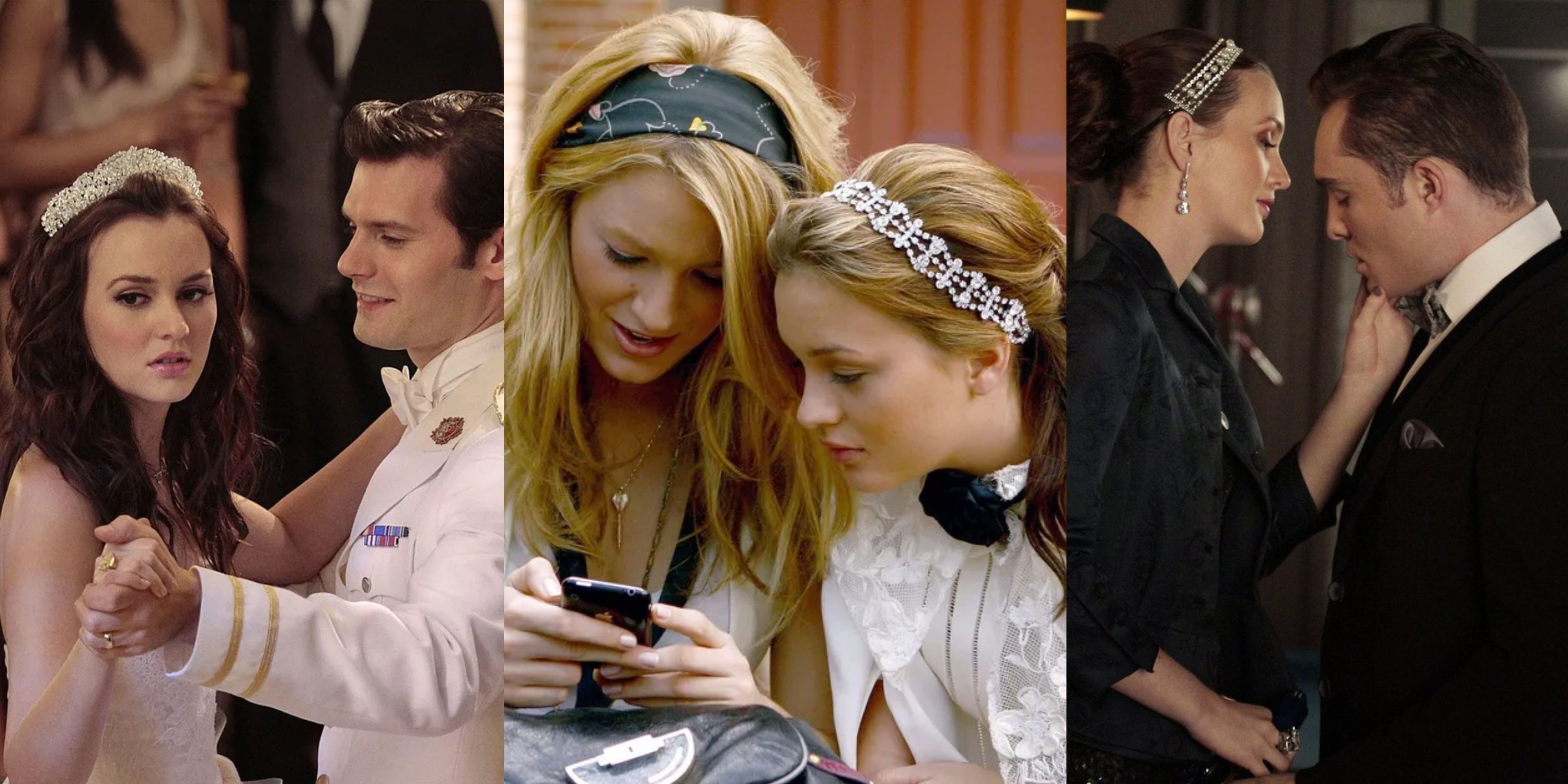 Split image of Blair dancing with Louis, Serena and Blair looking into a phone, and Blair and chuck embracing in Gossip Girl