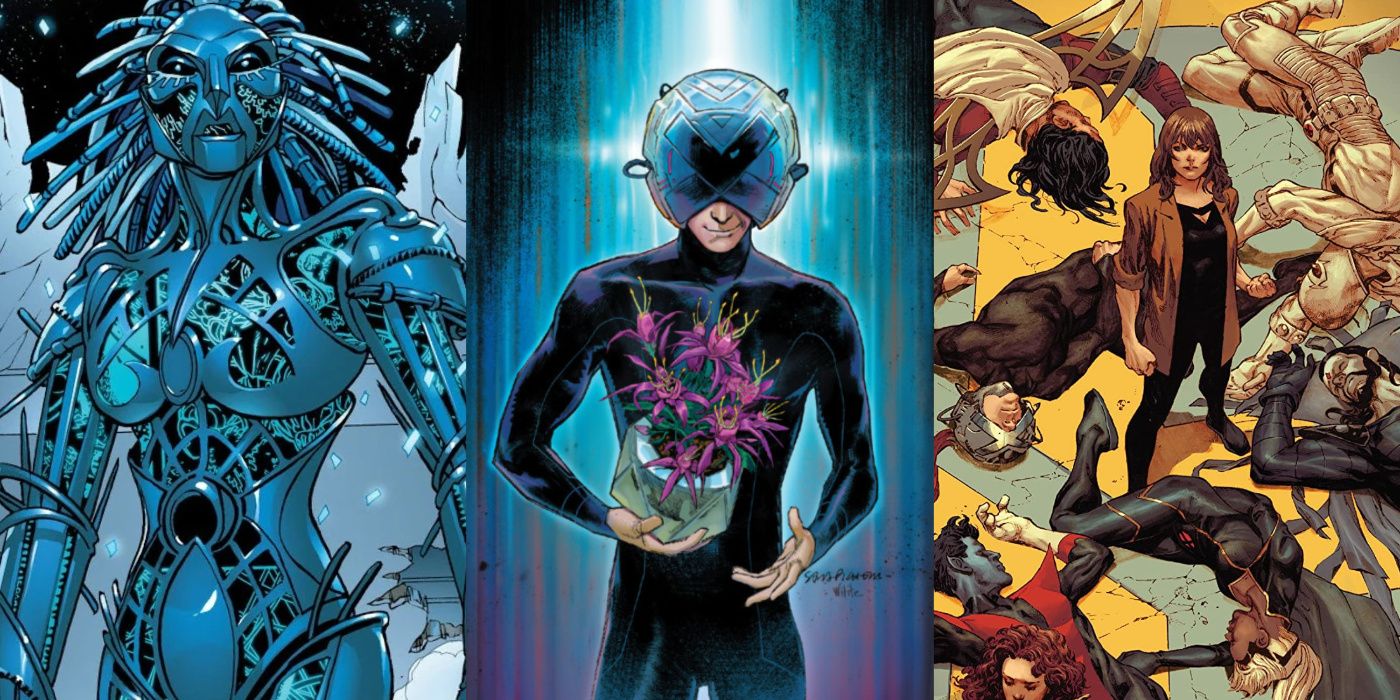 A split image of Danger, Professor X holding a Krakoan Flower, and Moira MacTaggert standing over the fallen Quiet Council from Marvel Comics