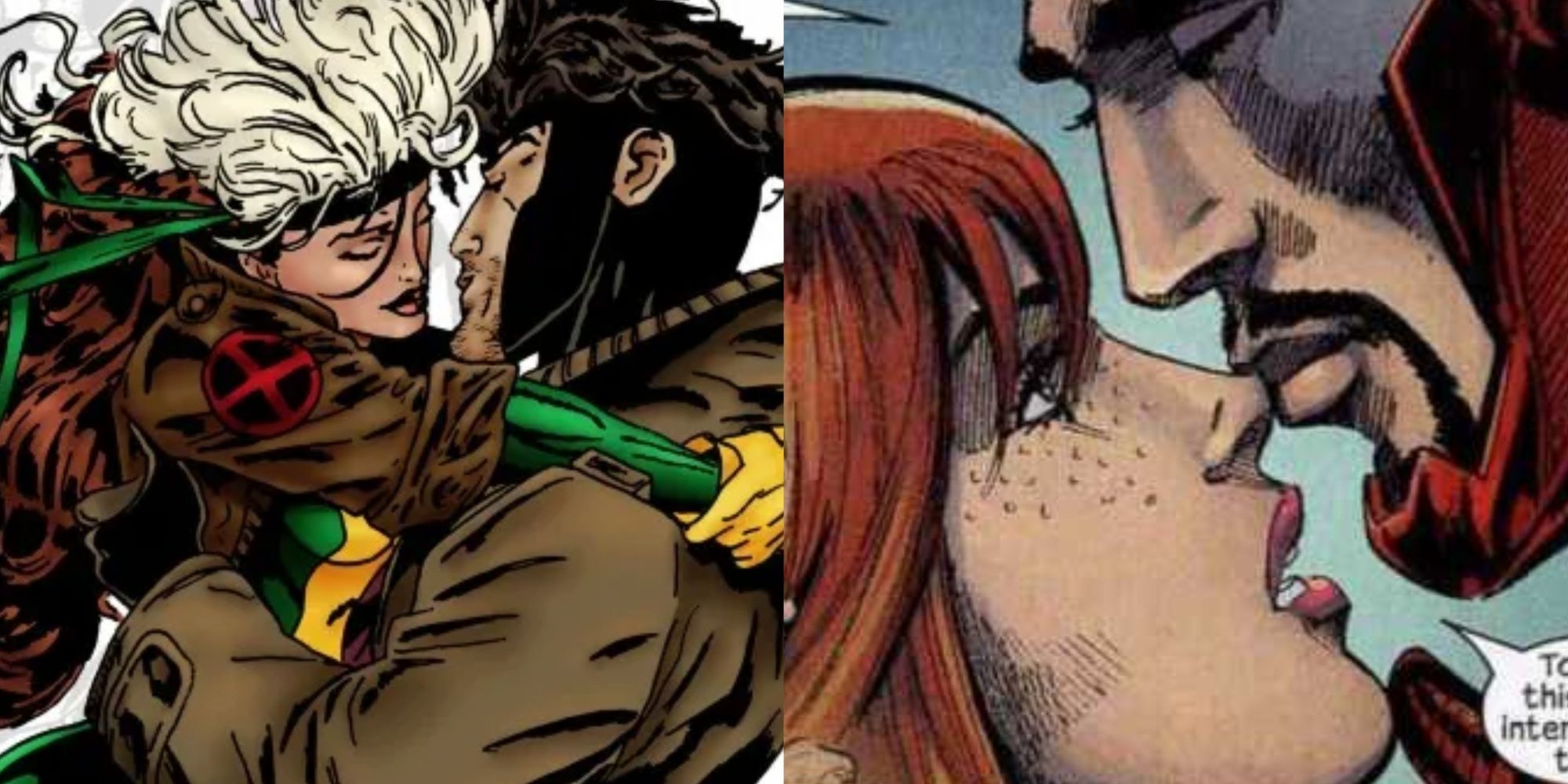 Split Image Rogue and Gambit and Tony Stark and Pepper Potts about to kiss