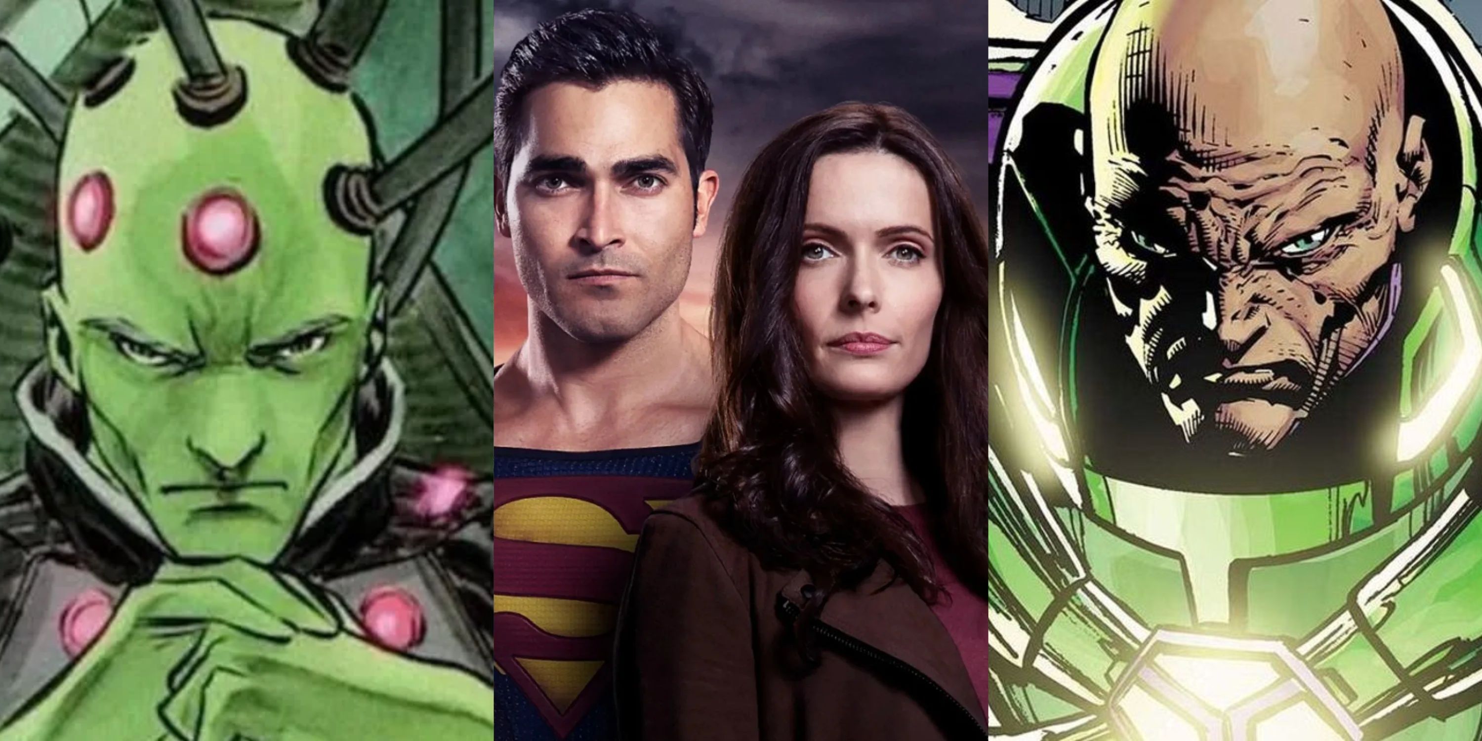 Split image Brainiac, Superman and Lois, Lex Luthor