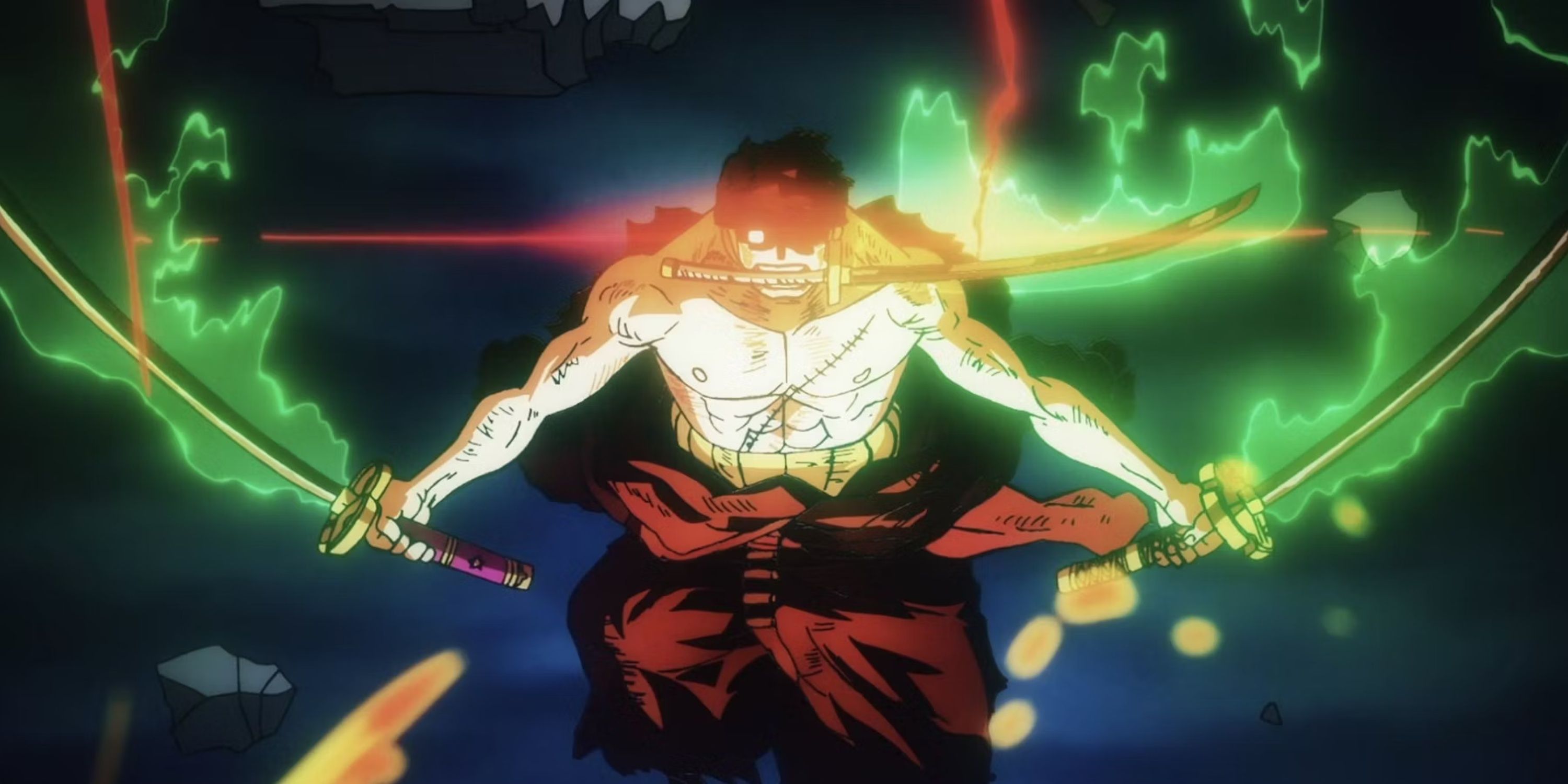 Roronoa Zoro utilizando seu Haki do Conquistador durante sua luta contra King the Wildfire em One Piece's Raid on Onigashima