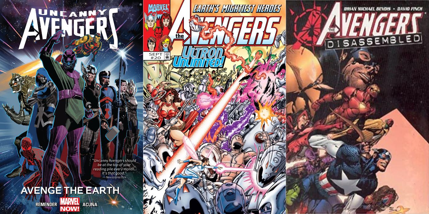 A split image of Uncanny Avengers: Avenge The Earth, Avengers: Ultron Unlimited, and Avengers Disassembled from Marvel Comics
