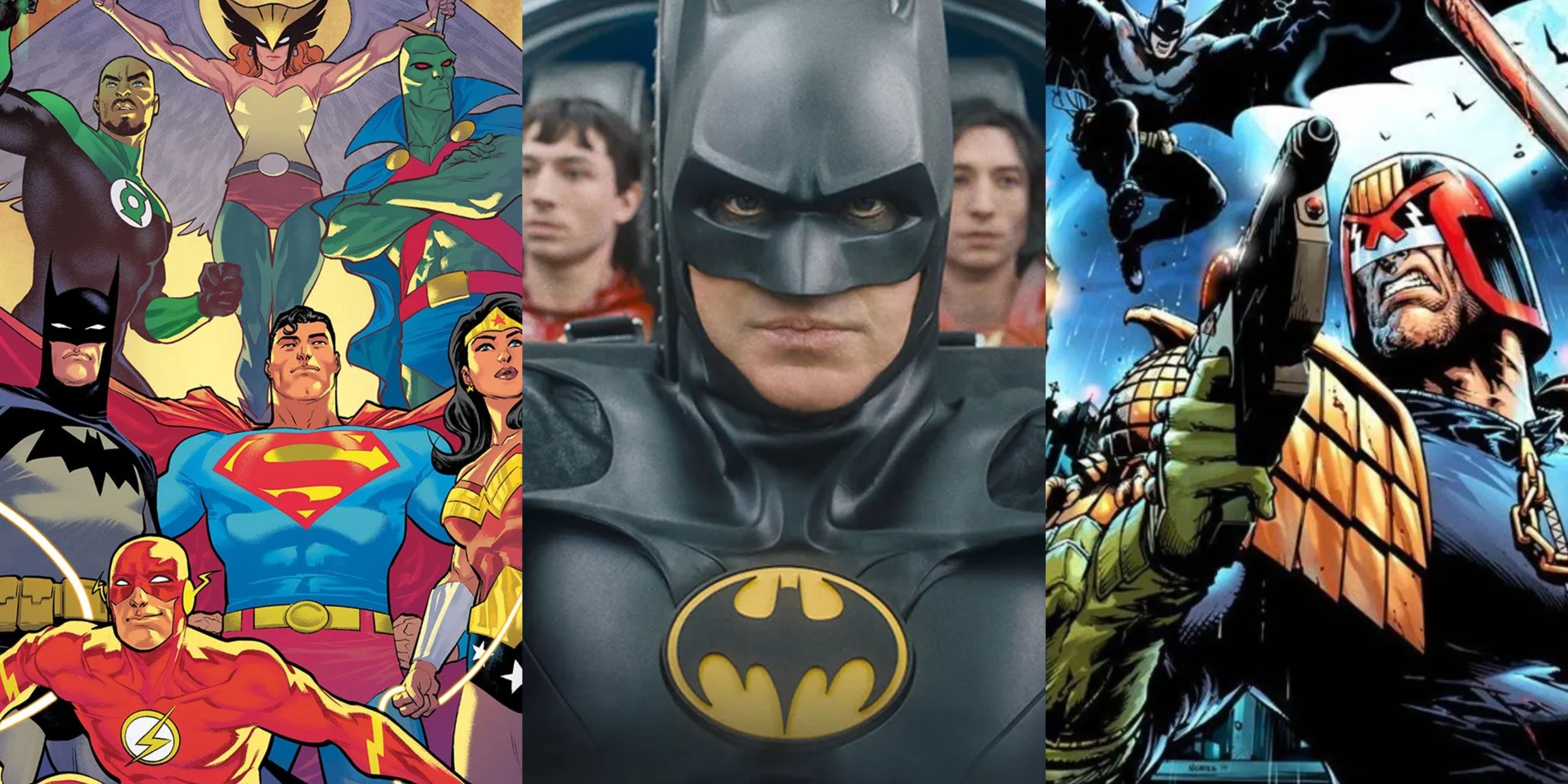 Split image Justice League Infinity team, Keaton Batman and Flash, Batman and Judge Dredd
