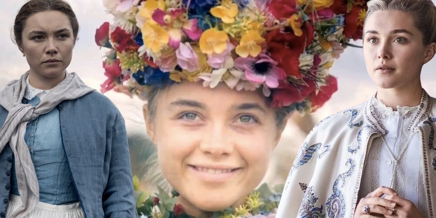 Collage of Florence Pugh in The Wonder, Midsommar, and Little Women