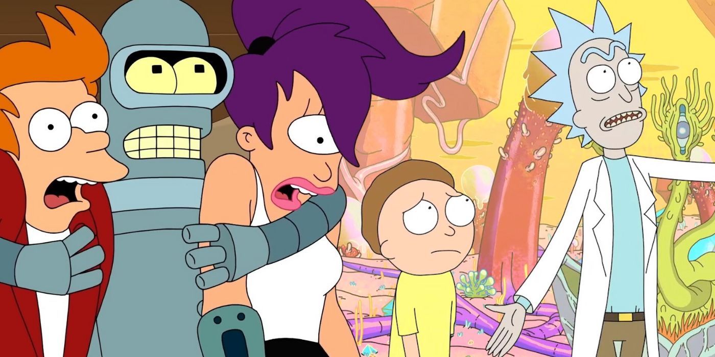 Collage of Fry, Leela and Bender in Futurama, and Rick and Morty