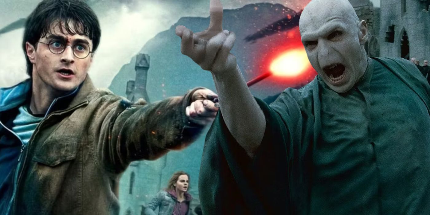Collage of Harry Potter and Lord Voldemort dueling in Deathly Hallows, Part 2