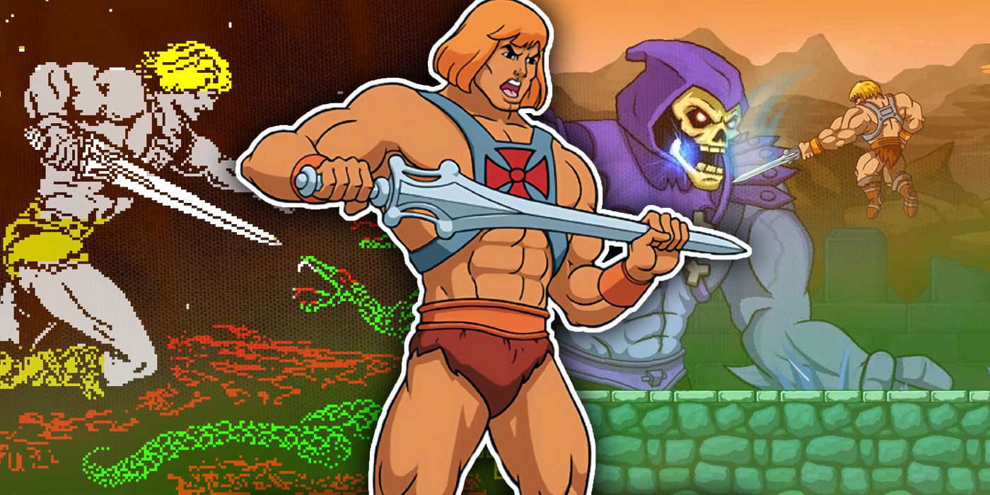 Collage of images of He-Man fighting a snake in Masters of the Universe: The Power of He-Man, holding his sword in the animated series and fighting Skeletor in The Most Powerful Game in the Universe