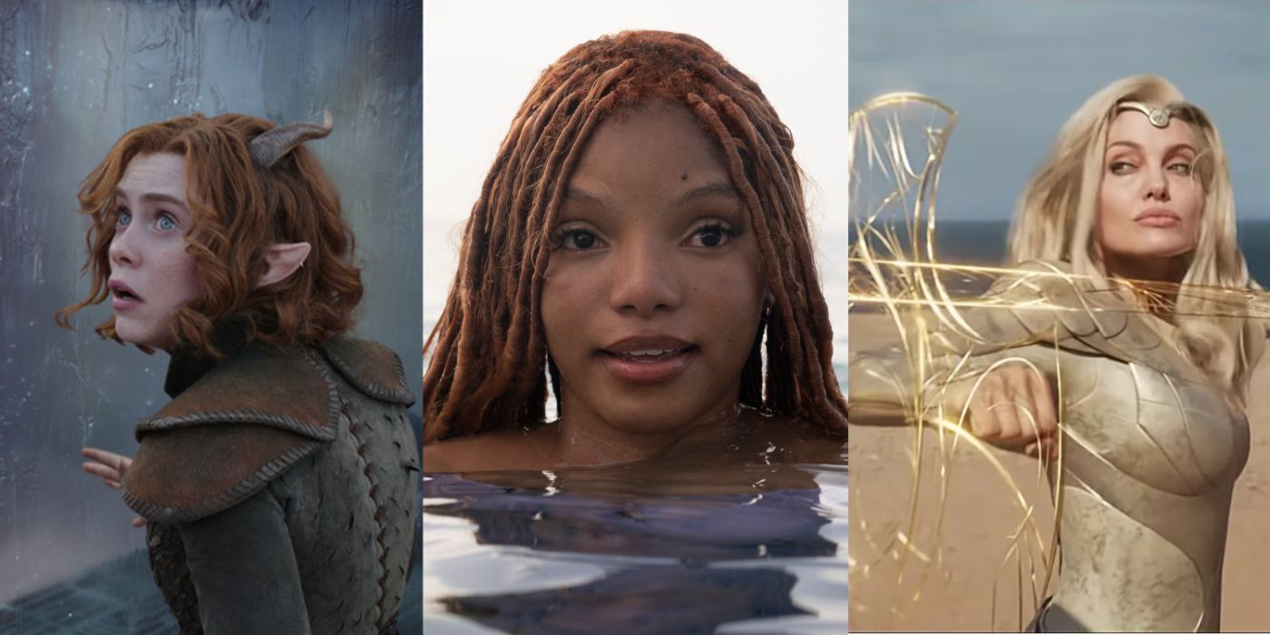 Doric from Dungeons and Dragons, Ariel from The Little Mermaid, and Thena from Eternals in a split image.