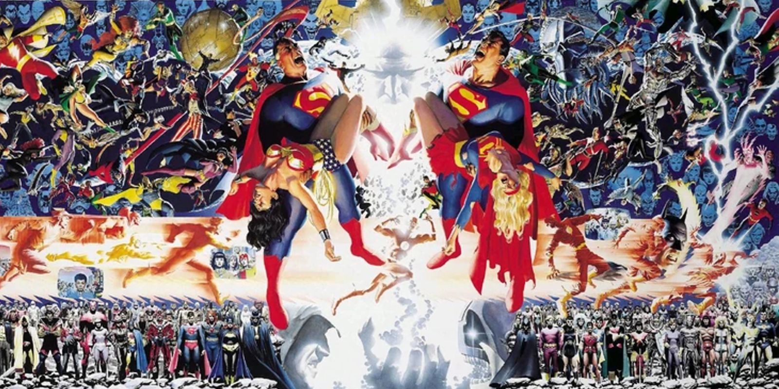 Crisis on Infinite Earths, Superman holding Supergirl's body, in DC Comics 